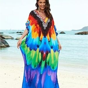New Edolynsa V-neck Beach Vibrant Multicolor Kaftan Dress One Size Caftan Cruise
